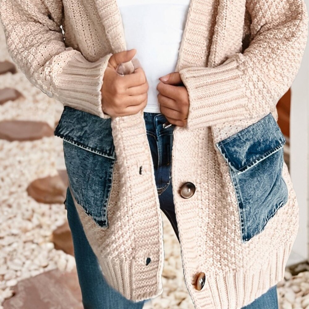Open Front Knitted Denim Pocket Patchwork Cardigan - image 3